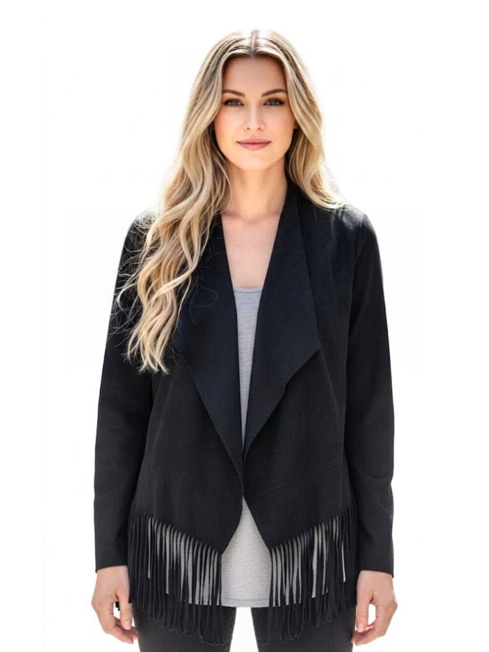 WAYF Faux Suede Fringe Jacket, Black, Womens Size Small